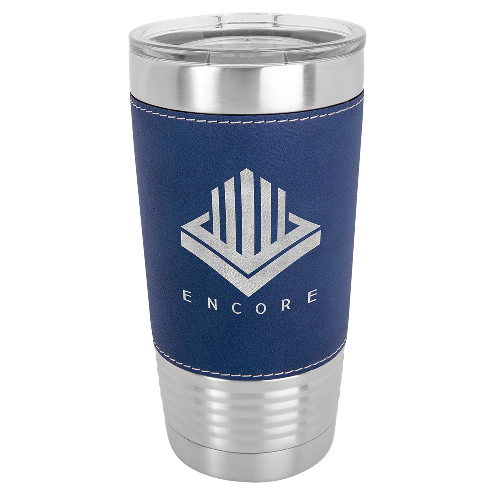  Personalized Laser Engraved Polar Camel 20 oz. Blue/Silver Leatherette Tumbler with Clear Lid