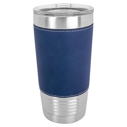 Personalized Laser Engraved Polar Camel 20 oz. Blue/Silver Leatherette Tumbler with Clear Lid