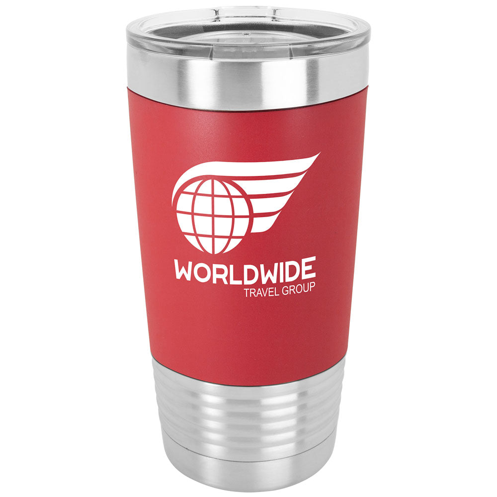 Personalized Laser Engraved Polar Camel 20 oz. Red/White Tumbler with Silicone Grip and Clear Lid