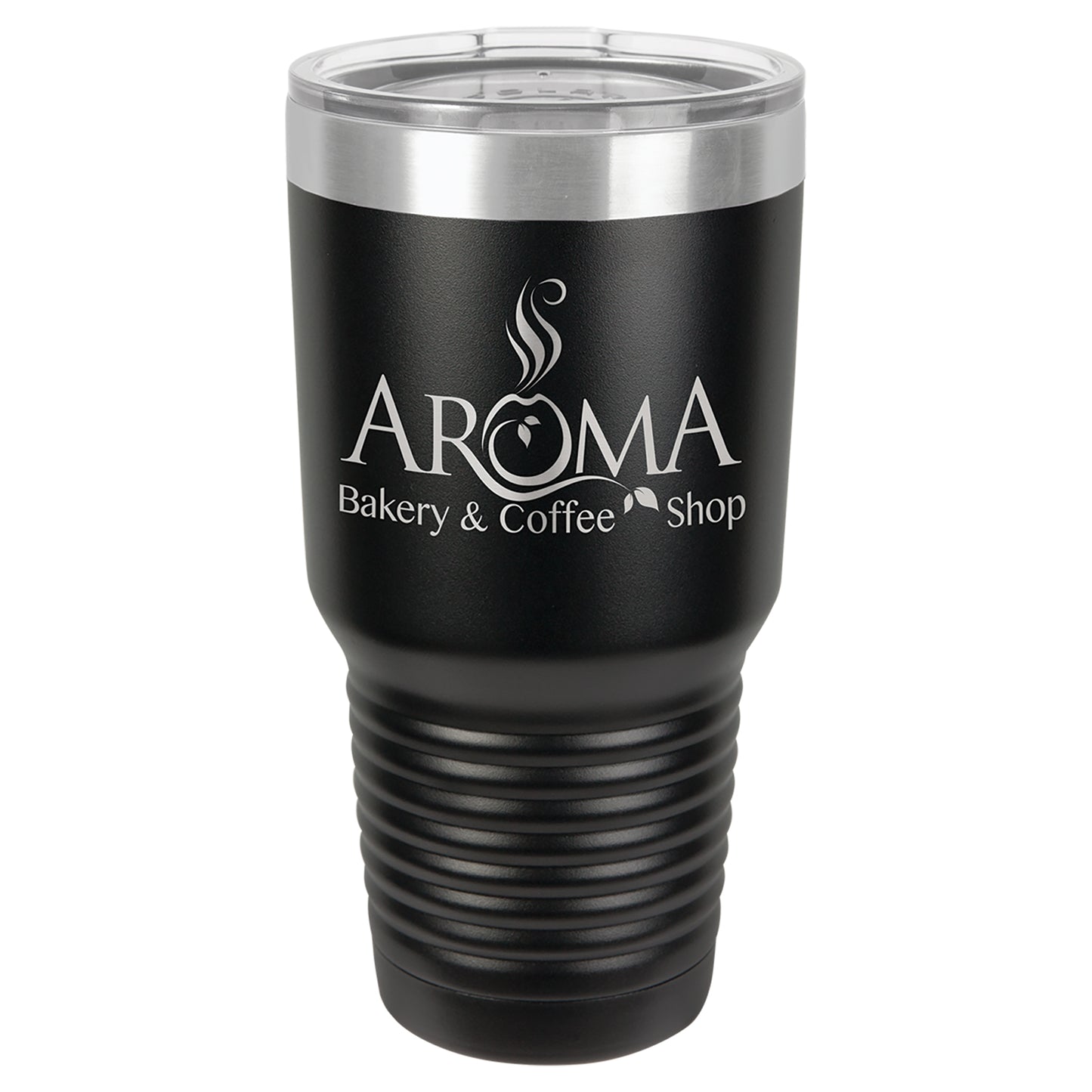 Personalized Laser Engraved  Black/Silver Ring 30 oz. Polar Camel Ringneck Tumbler with Clear Lid