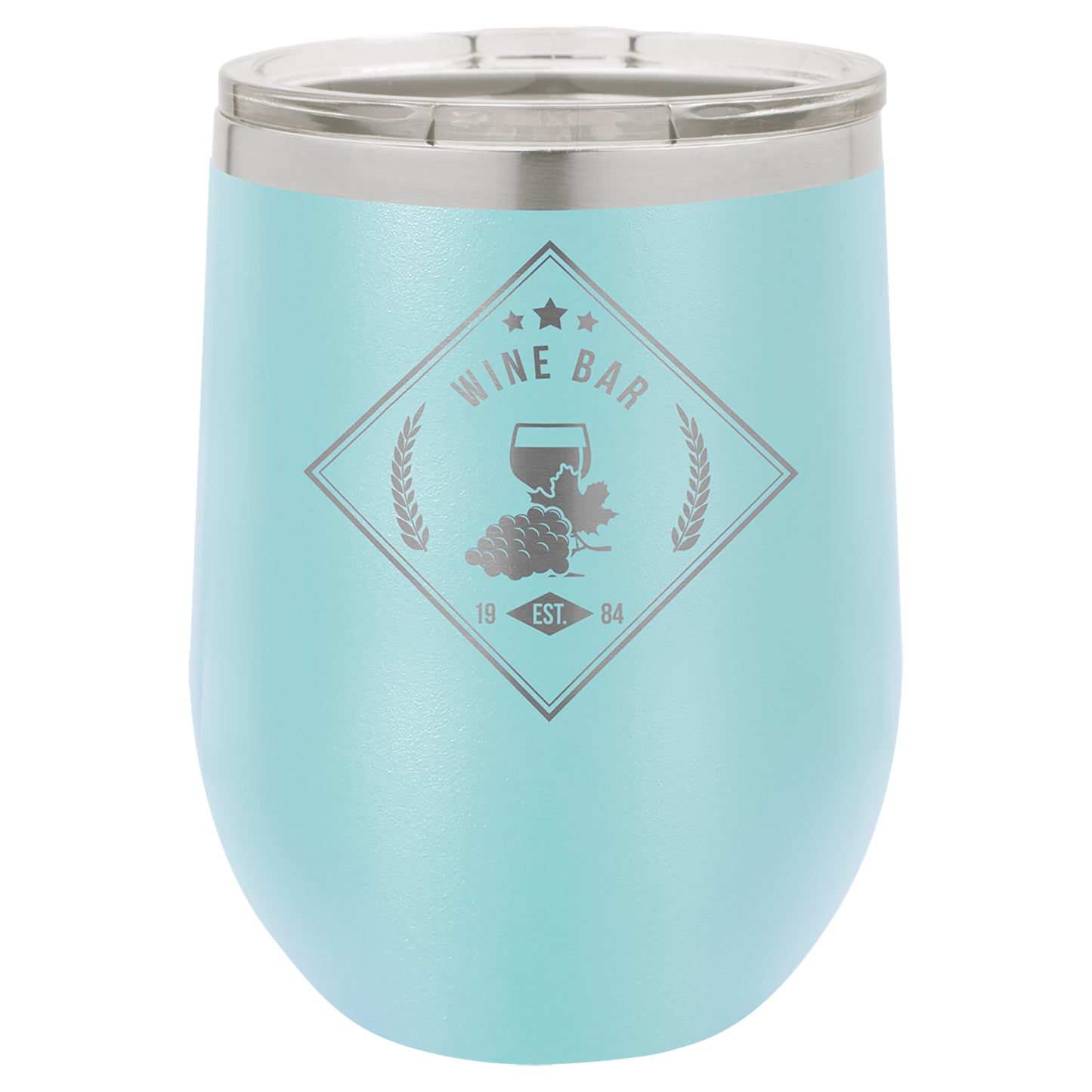 Personalized Laser Engraved  Light Blue 12 oz. Polar Camel Stemless Wine Tumbler with Clear Lid