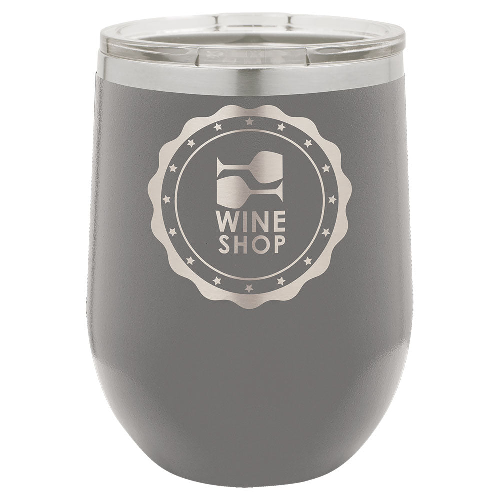 Personalized Laser Engraved Polar Camel 12 oz. Dark Gray Vacuum Insulated Stemless Wine Tumbler with Lid