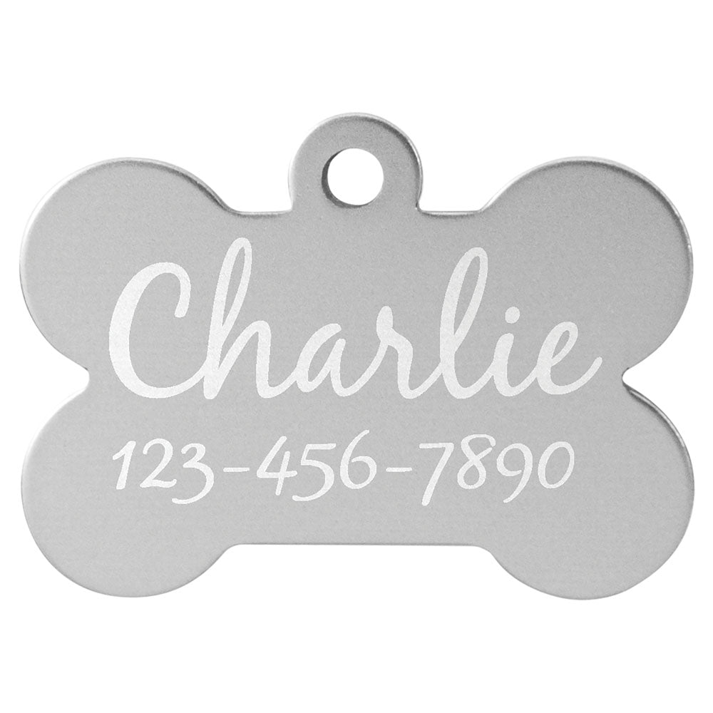 Personalized Laser Engraved 1 1/2" x 1" Silver  Anodized Aluminum Bone Pet Tag