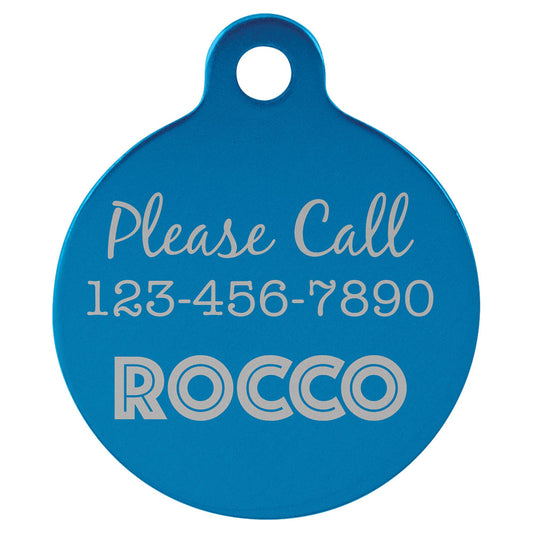 Personalized Laser Engraved 1 1/4" Blue  Anodized Aluminum Round Pet Tag with Tab