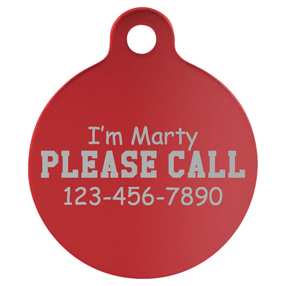 Personalized Laser Engraved 1 1/4" Red  Anodized Aluminum Round Pet Tag with Tab