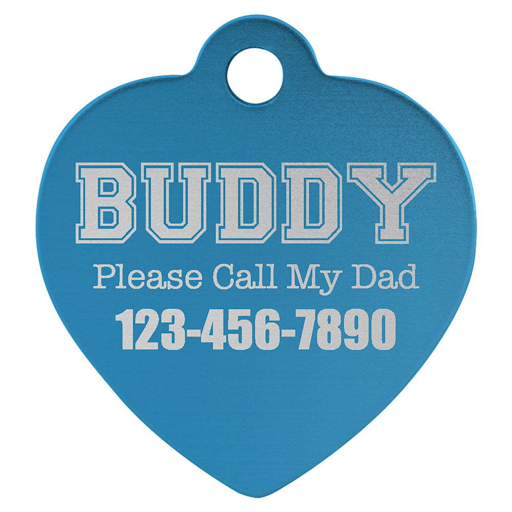 Personalized Laser Engraved 1 1/4" x 1 1/4" Blue  Anodized Aluminum Heart Pet Tag