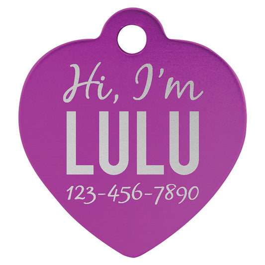 Personalized Laser Engraved 1 1/4" x 1 1/4" Purple  Anodized Aluminum Heart Pet Tag