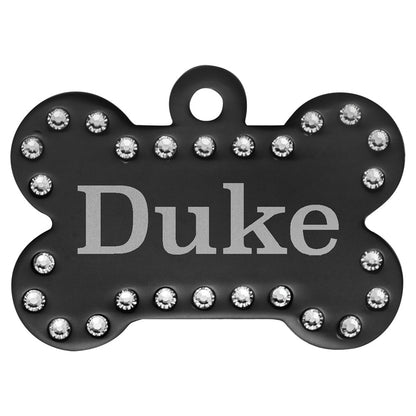 Personalized Laser Engraved 1 1/2" x 1" Black  Anodized Aluminum Swarovski Bling Bone with Tab