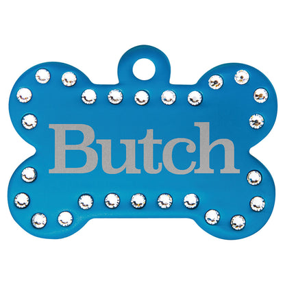 Personalized Laser Engraved 1 1/2" x 1" Blue  Anodized Aluminum Swarovski Bling Bone with Tab