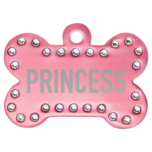 Personalized Laser Engraved 1 1/2" x 1" Pink  Anodized Aluminum Swarovski Bling Bone with Tab