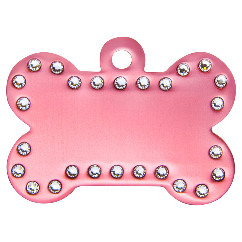 Personalized Laser Engraved 1 1/2" x 1" Pink  Anodized Aluminum Swarovski Bling Bone with Tab