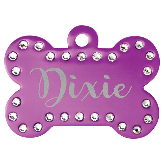 Personalized Laser Engraved 1 1/2" x 1" Purple  Anodized Aluminum Swarovski Bling Bone with Tab