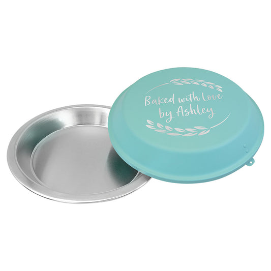 Personalized Laser Engraved 9" Aluminum Pie Pan with Teal Lid