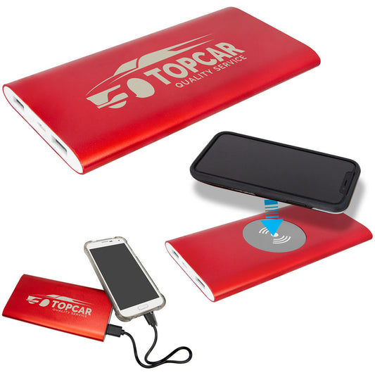 Personalized Laser Engraved Red 8000MAH Power Bank & Wireless Anodized Aluminum Charger with Power Cord