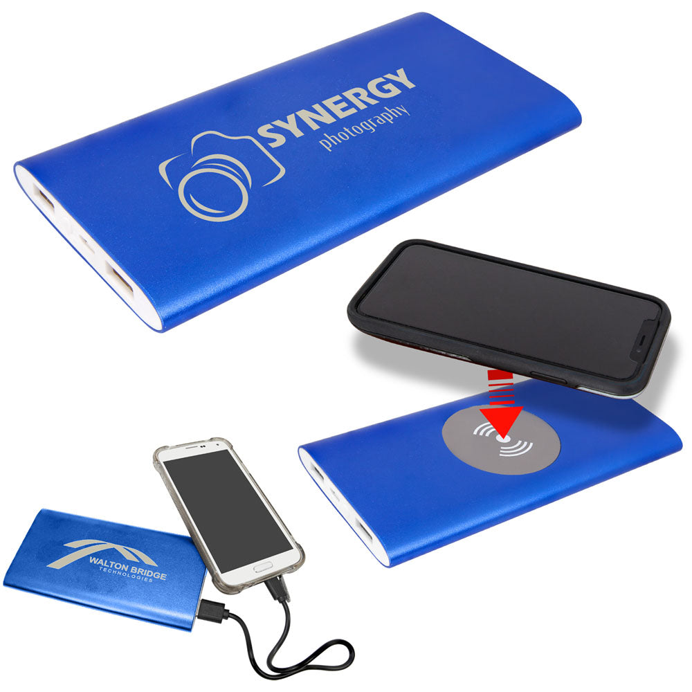 Personalized Laser Engraved Blue 8000MAH Power Bank & Wireless Anodized Aluminum Charger with Power Cord