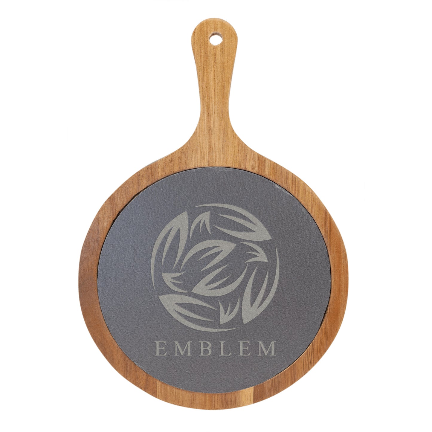 Personalized Laser Engraved 8 1/4" x 12 1/4" Round Acacia Wood/Slate Serving Board with Handle