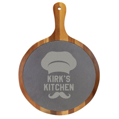 Personalized Laser Engraved 8 1/4" x 12 1/4" Round Acacia Wood/Slate Serving Board with Handle