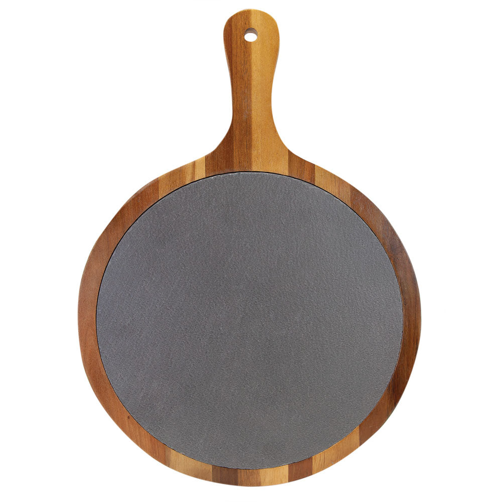 Personalized Laser Engraved 8 1/4" x 12 1/4" Round Acacia Wood/Slate Serving Board with Handle