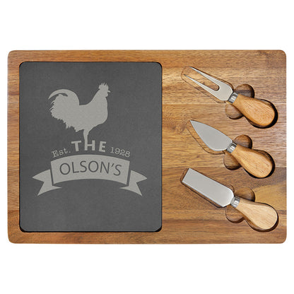 Personalized Laser Engraved 13 3/4" x 9 3/4" Acacia Wood/Slate Rectangle Cheese Set with Three Tools