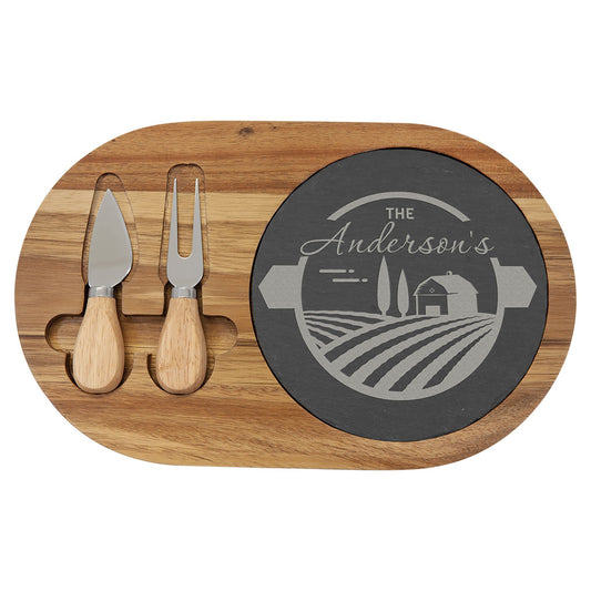 Personalized Laser Engraved 12 1/2" x 7 3/4" Acacia Wood/Slate Oval Cheese Set with Two Tools