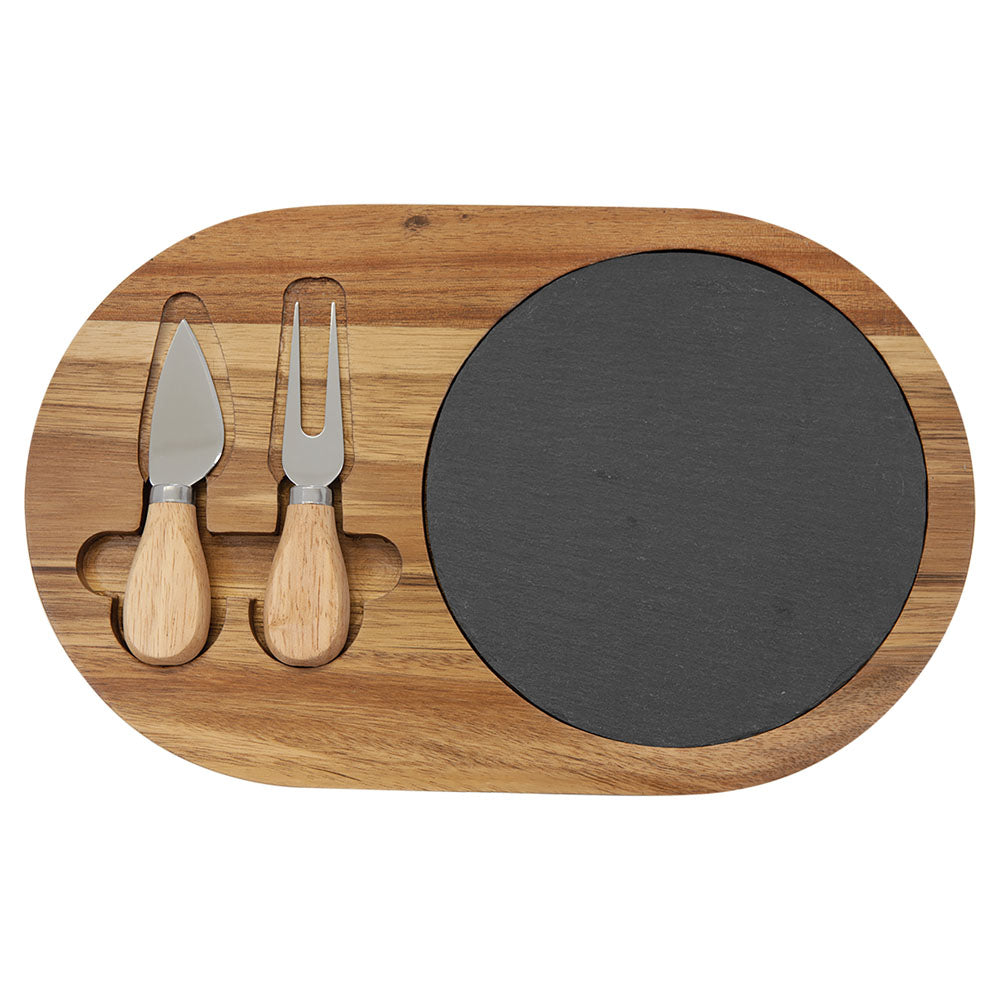 Personalized Laser Engraved 13 3/4" x 9 3/4" Acacia Wood/Slate Rectangle Cheese Set with Three Tools