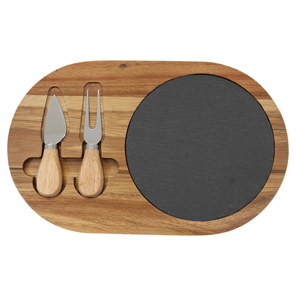 Personalized Laser Engraved 13 3/4" x 9 3/4" Acacia Wood/Slate Rectangle Cheese Set with Three Tools