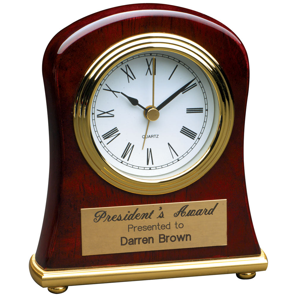 Personalized Laser Engraved 4 1/2" x 5" Rosewood Piano Finish Bell Shaped Desk Clock