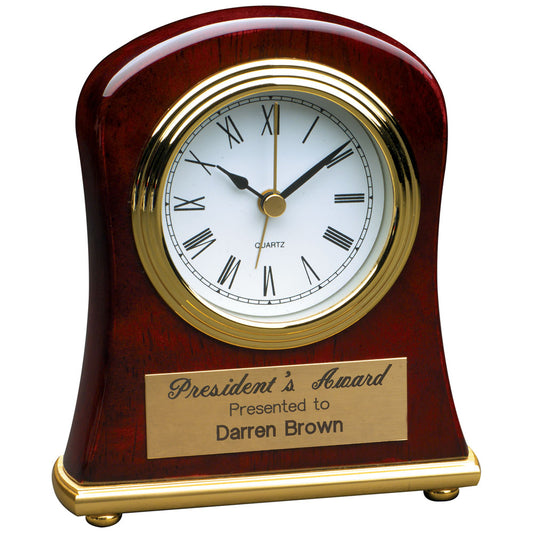 Personalized Laser Engraved 4 1/2" x 5" Rosewood Piano Finish Bell Shaped Desk Clock