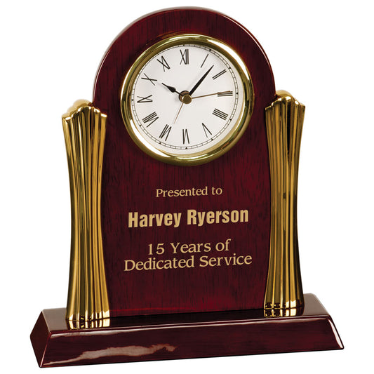 Personalized Laser Engraved 8 1/4" x 7 1/2" Rosewood Piano Finish Clock with Gold Columns