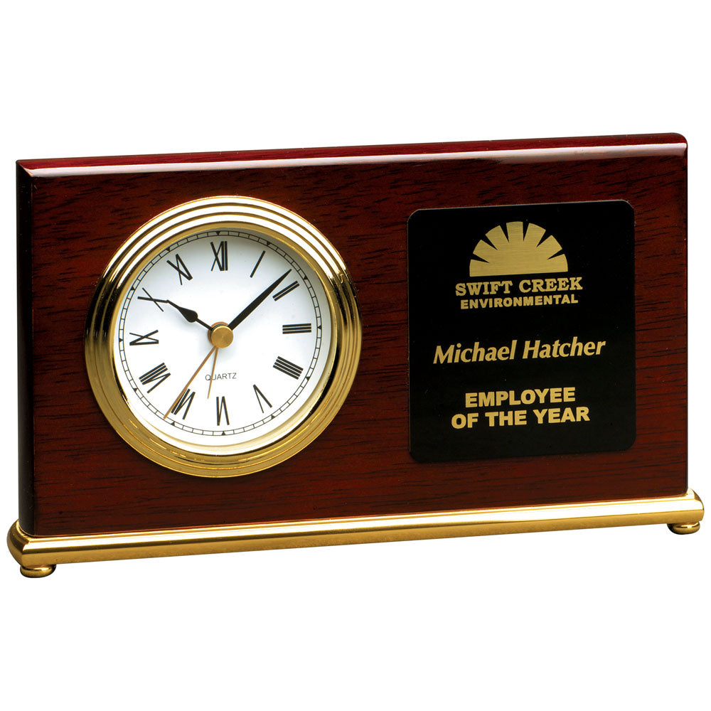 Personalized Laser Engraved 7 1/2" x 4" Rosewood Piano Finish Horizontal Desk Clock