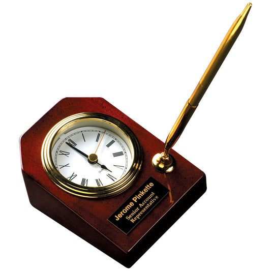 Personalized Laser Engraved 3 5/8" x 4 3/4" Rosewood Piano Finish Desk Clock with Pen