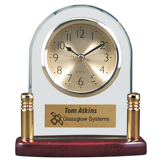 Personalized Laser Engraved 6 1/2" Arch Glass Desk Clock with Metal Posts & Rosewood Piano Finish