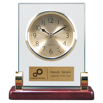Personalized Laser Engraved 6 1/2" Rectangle Glass Desk Clock with Metal Posts & Rosewood Piano Finish