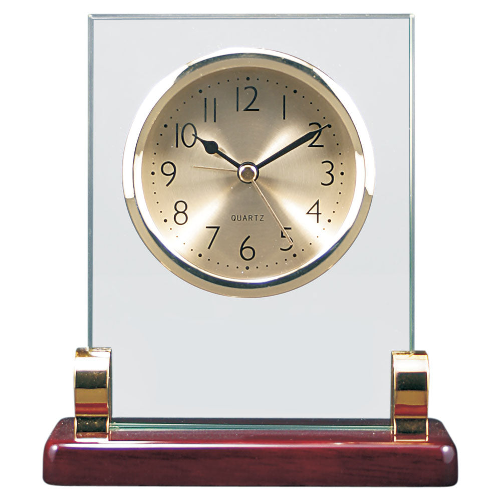 Personalized Laser Engraved 6 1/2" Rectangle Glass Desk Clock with Metal Posts & Rosewood Piano Finish