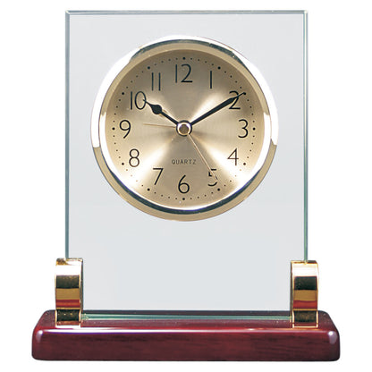 Personalized Laser Engraved 6 1/2" Rectangle Glass Desk Clock with Metal Posts & Rosewood Piano Finish