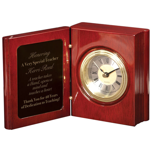 Personalized Laser Engraved 5 3/8" Rosewood Piano Finish Book Clock