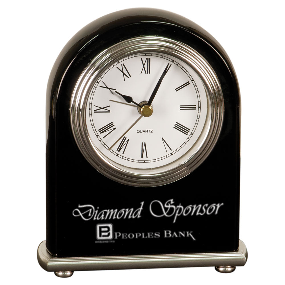 Personalized Laser Engraved 4" x 5" Black Piano Finish Arch Desk Clock