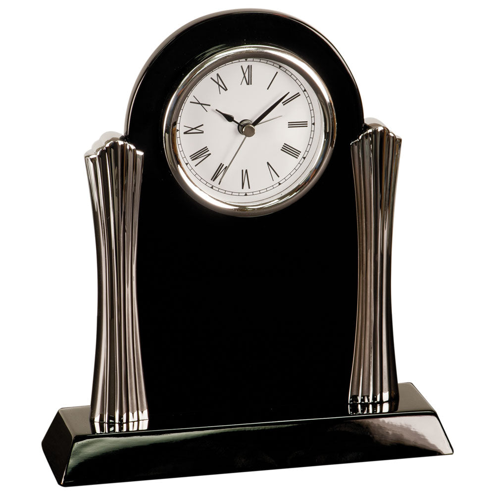 Personalized Laser Engraved 8 1/4" x 7 1/2" Black Piano Finish Clock with Silver Columns