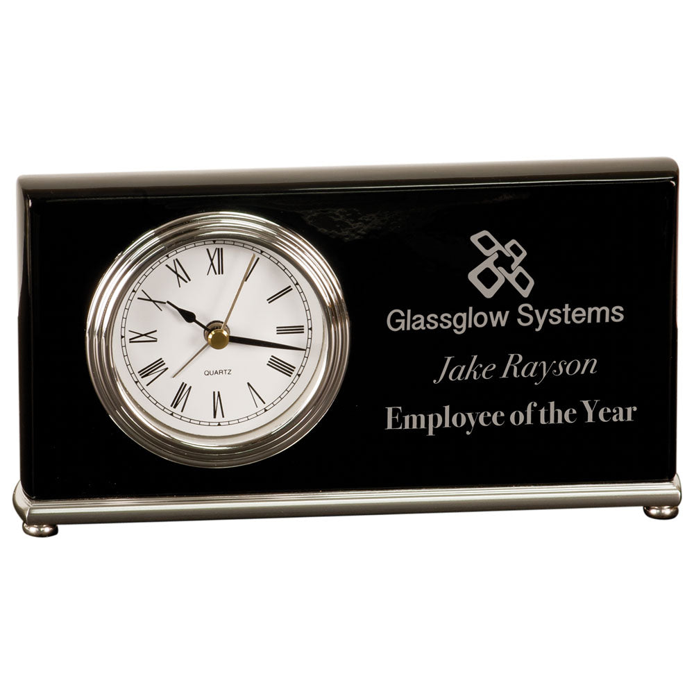 Personalized Laser Engraved 7 1/2" x 4" Black Piano Finish Horizontal Desk Clock