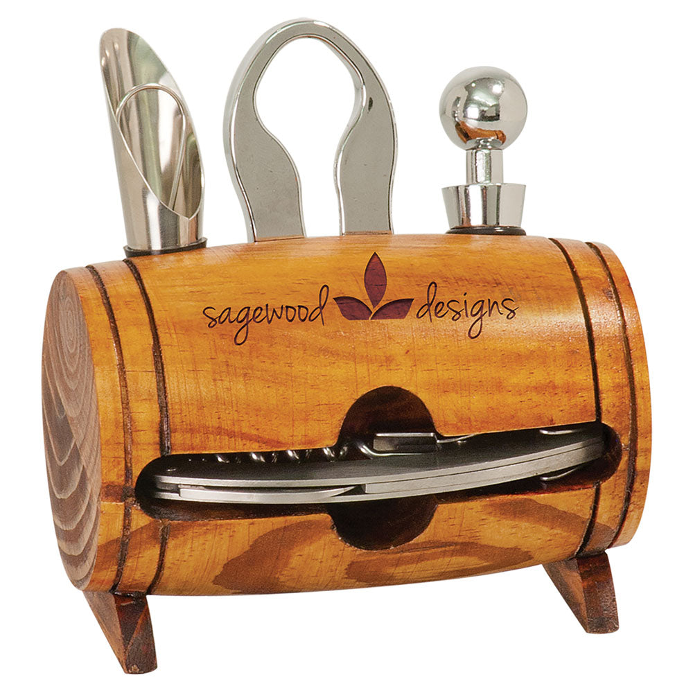 Personalized Laser Engraved Barrel 4-Piece Wine Tool Set