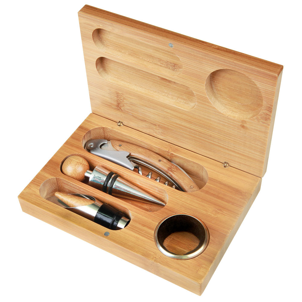 Personalized Laser Engraved Bamboo 4-Piece Wine Tool Set