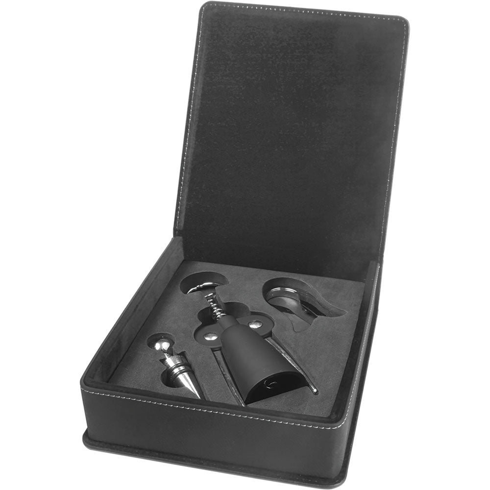 Personalized Laser Engraved Black/Gold  Leatherette 3-Piece Wine Tool Gift Set