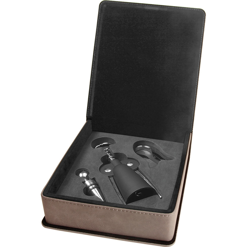 Personalized Laser Engraved Gray  Leatherette 3-Piece Wine Tool Gift Set