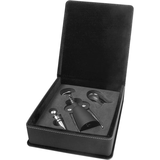 Personalized Laser Engraved Black/Silver  Leatherette 3-Piece Wine Tool Gift Set