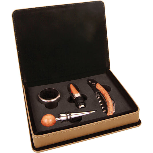 Personalized Laser Engraved Light Brown  Leatherette 4-Piece Wine Tool Set