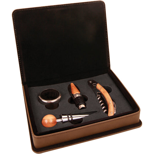 Personalized Laser Engraved Dark Brown  Leatherette 4-Piece Wine Tool Set