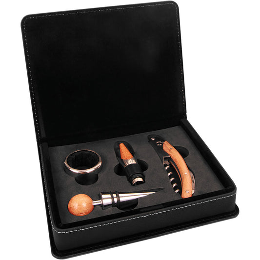 Personalized Laser Engraved Black/Gold  Leatherette 4-Piece Wine Tool Set