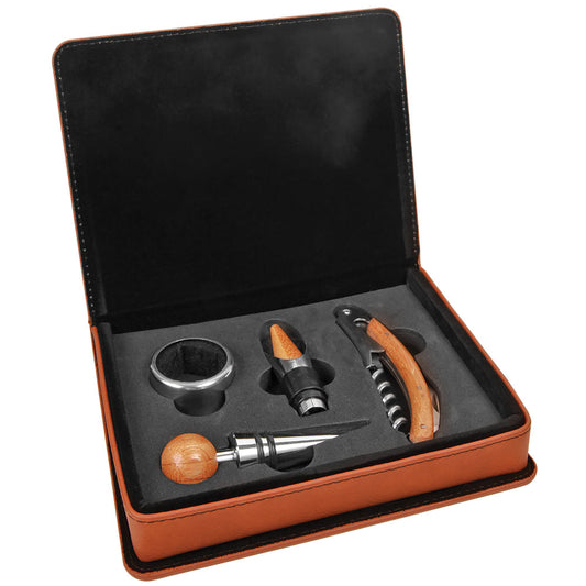 Personalized Laser Engraved Light Brown  Leatherette 4-Piece Wine Tool Set