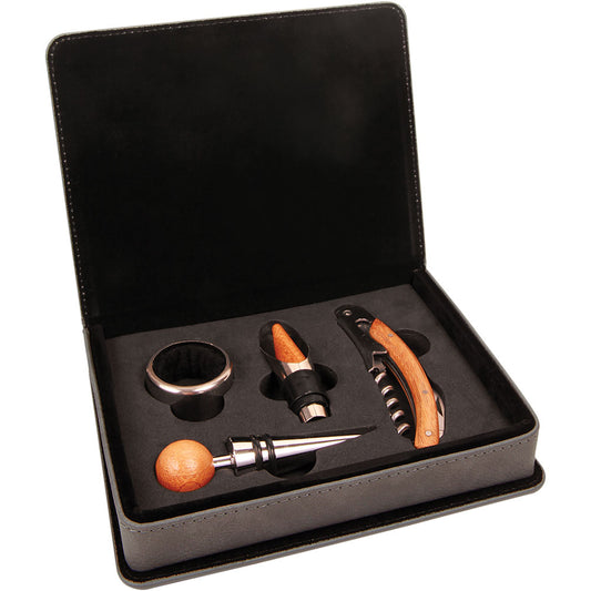 Personalized Laser Engraved Gray  Leatherette 4-Piece Wine Tool Set