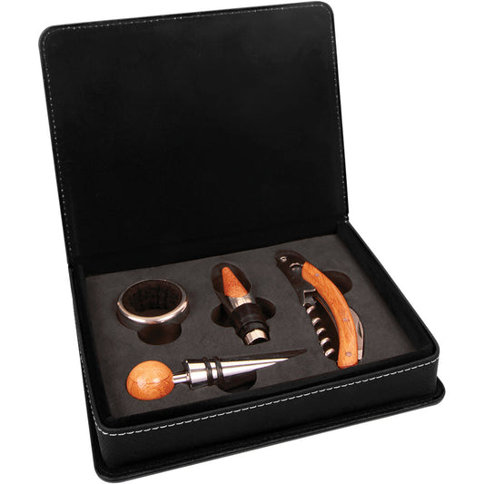 Personalized Laser Engraved Black/Silver  Leatherette 4-Piece Wine Tool Set